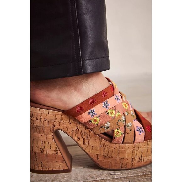 NWOT Free People leather suede floral embroidered strap cork platform mules - Picture 4 of 12
